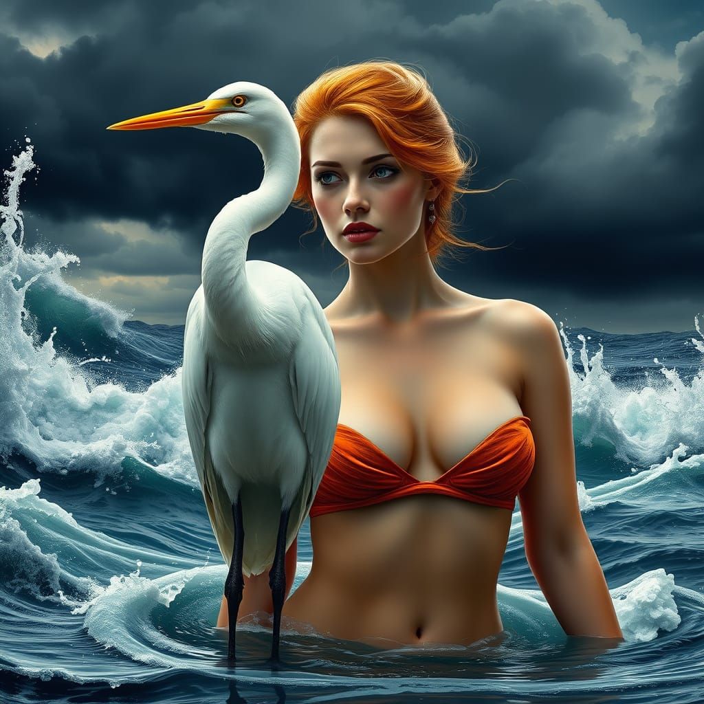 Egret in Stormy Lake with Ginger Woman, Fantastical Realism