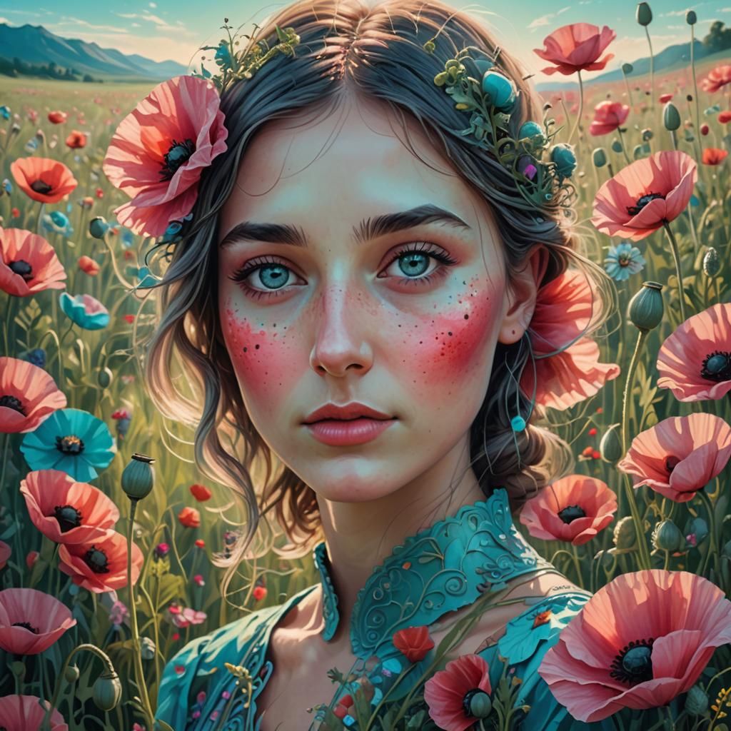 Poppy Flower Portrait in Figurative Style