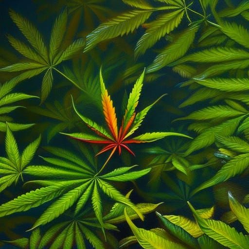 Marijuana Leaf and Magic Mushrooms in Oil Painting
