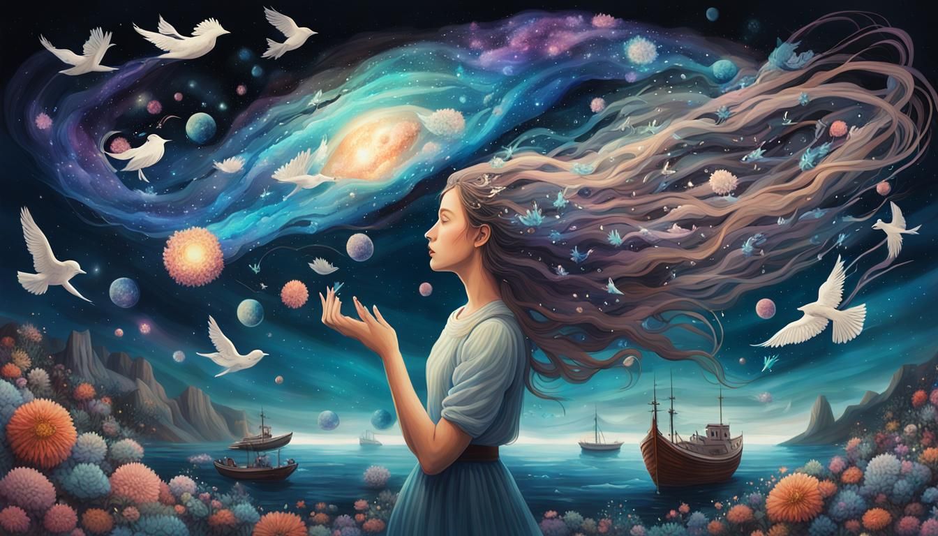 Woman Holds Galaxy in Surreal Dreamscape