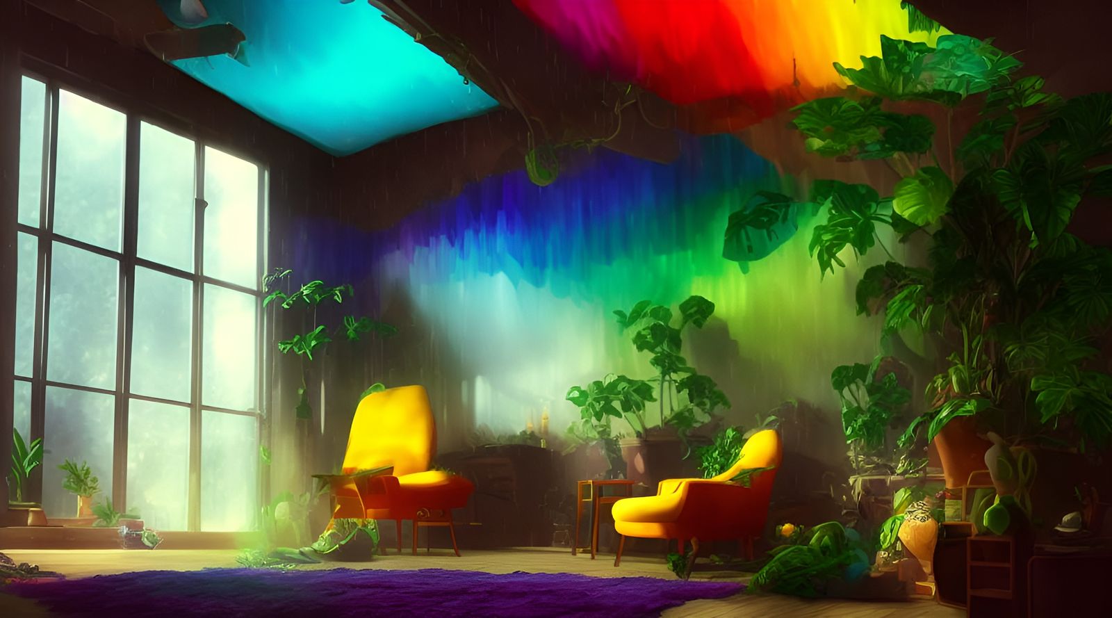 Indoor Rainbow Rain: Fantastical Detailed Matte Painting