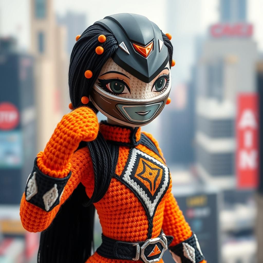 Vietnamese crochet doll as a e power ranger with orange quartz bangs and black hair