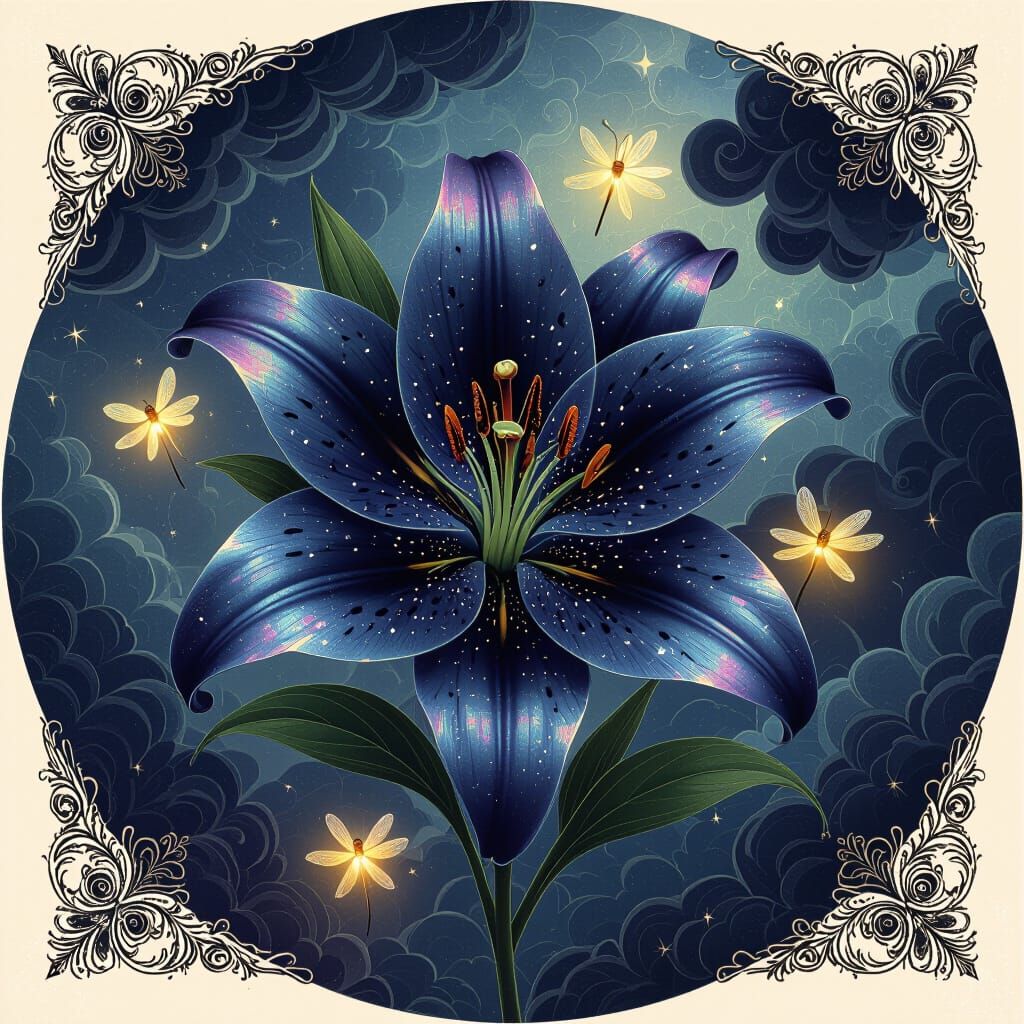 Iridescent Black Lily with Fireflies in Surreal Astral Style