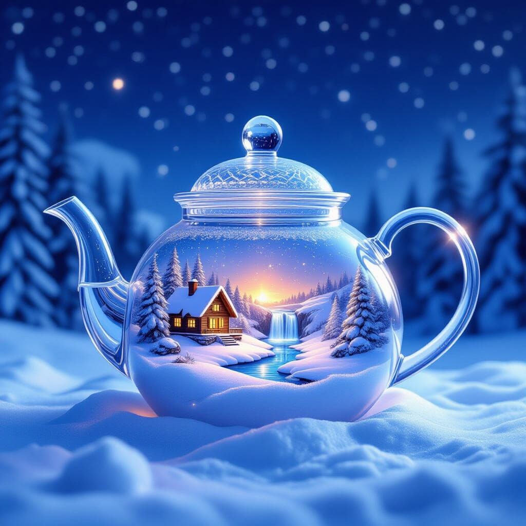 Crystal Teapot Holds Miniature Winter Wonderland Scene