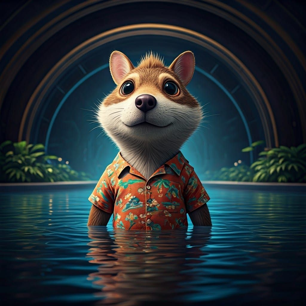 Dog in Beach Shirt Enjoying Pool Rainbow Backdrop