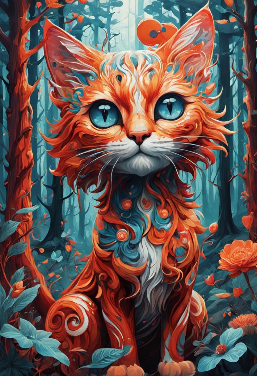 Whimsical Cat Amidst Vibrant Love Forest