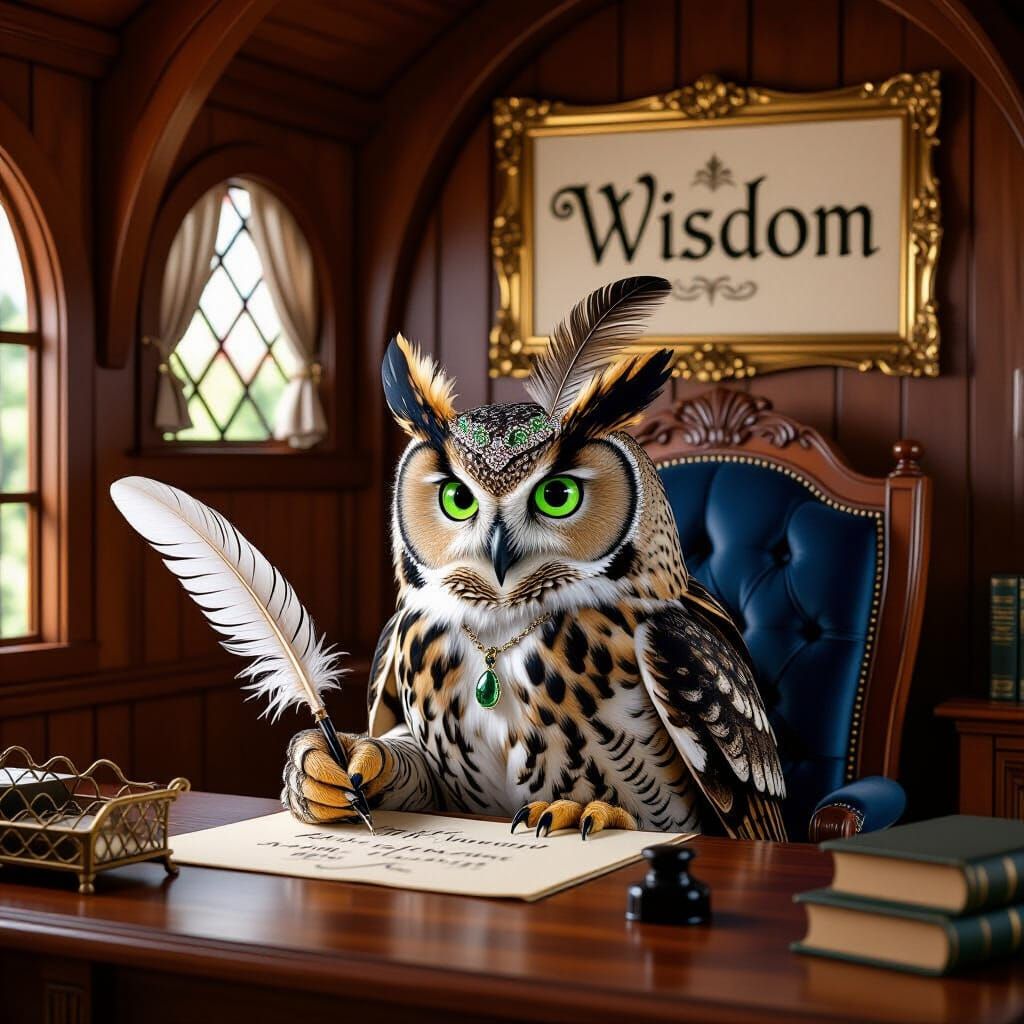 Wise Owl Calligrapher in Cozy Treehouse Office