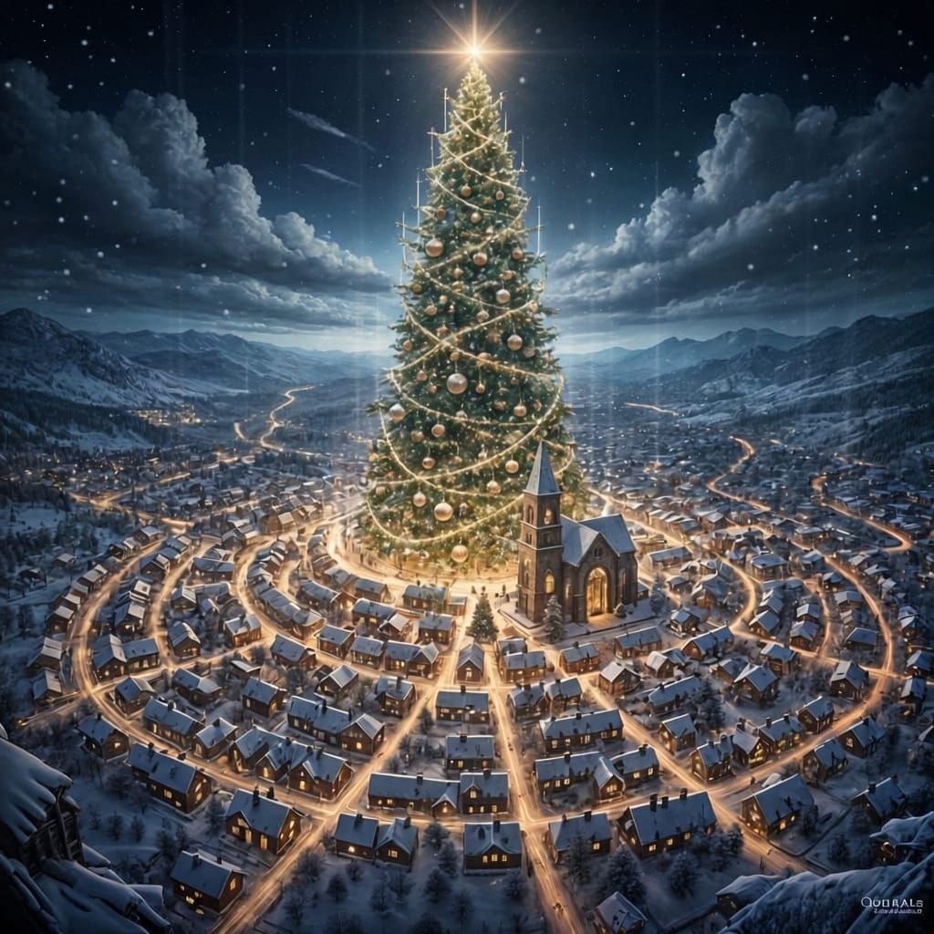 Giant Christmas Tree Overlooking Snowy Village