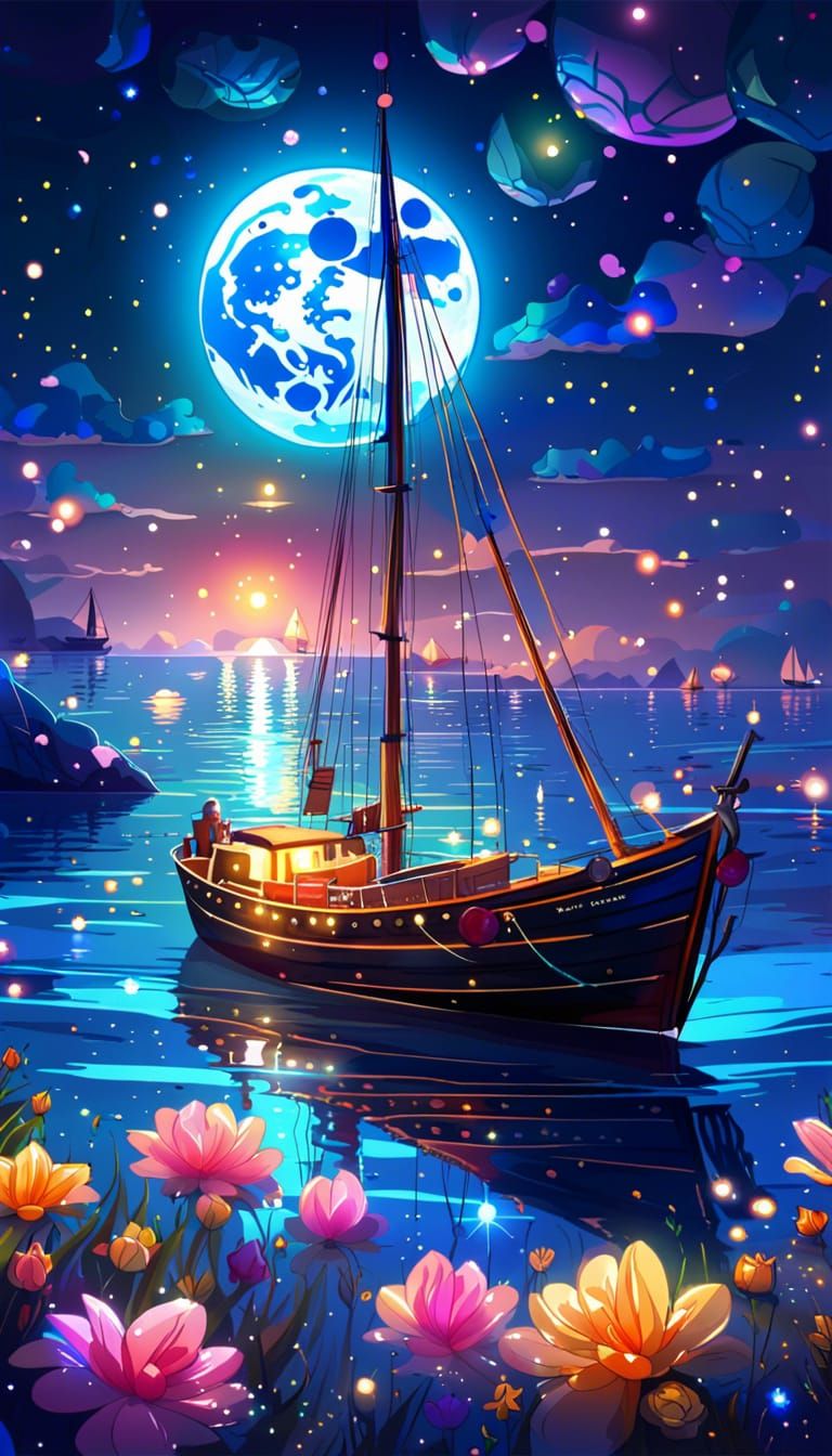 Sailboat on Sparkling Sea Under Starry Night
