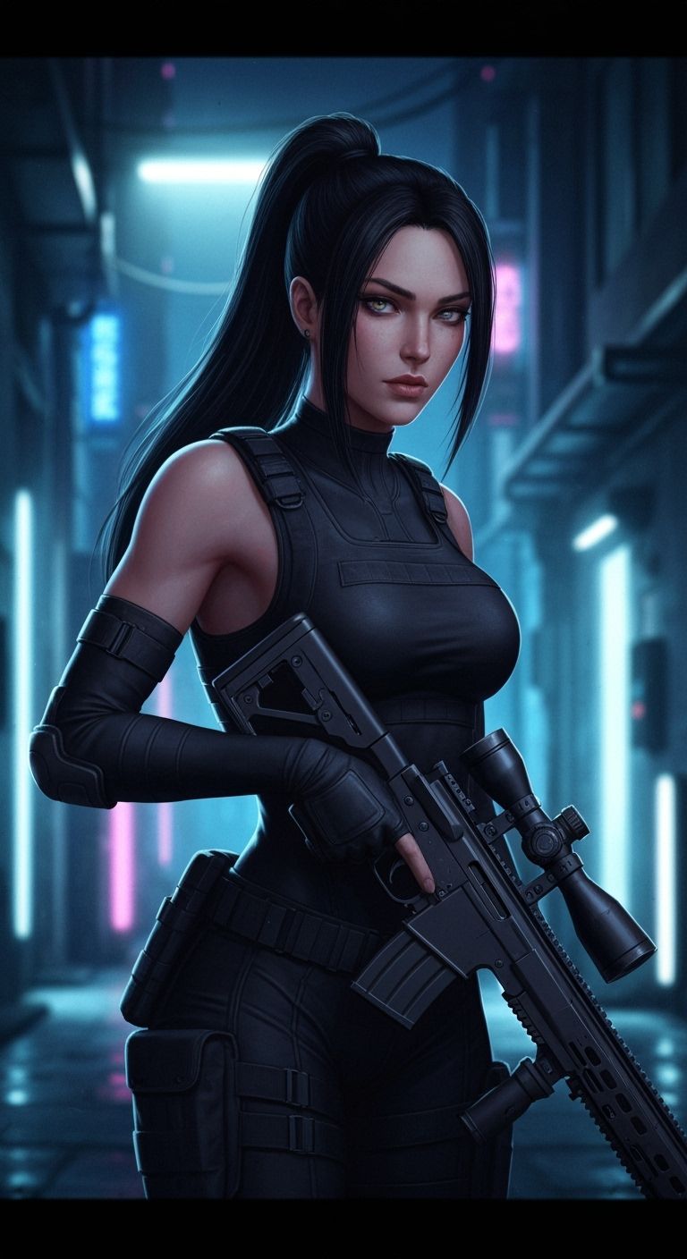 Cyberpunk Spec Ops Woman with Sniper Rifle