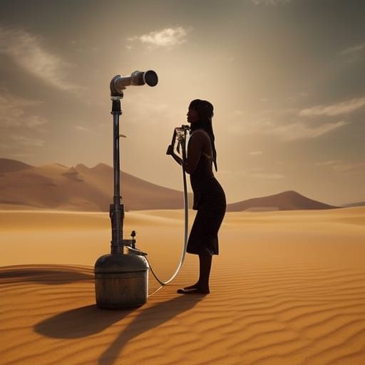 Desert Girl Pumping Water: Cinematic Digital Art