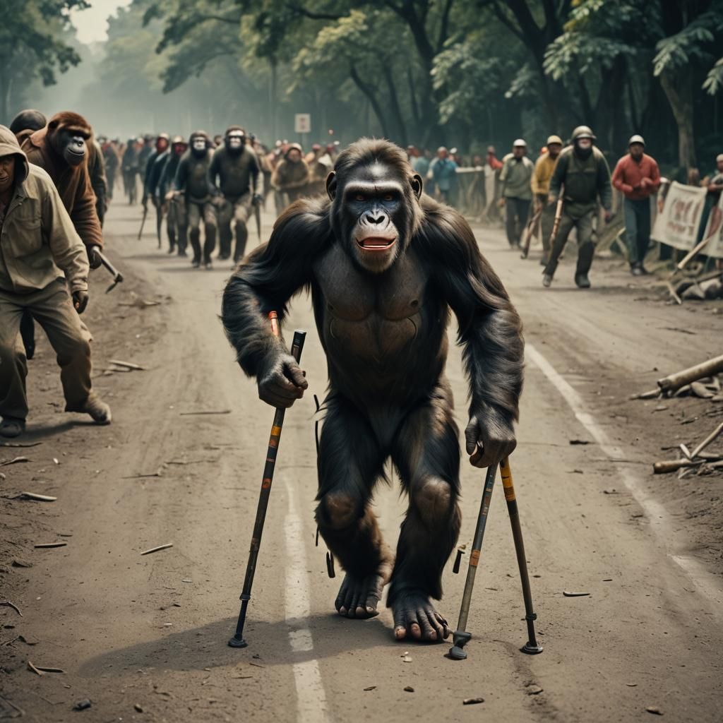 Ape on Crutches Wins Race: Cinematic Film Still
