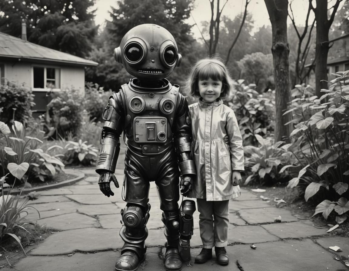 Happy Children Playing with Android: Retro Black and White P...
