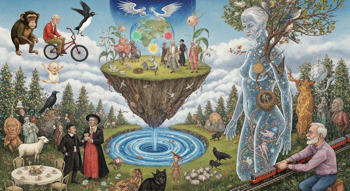 Surreal Tea Party on Floating Island, Bioluminescent Art