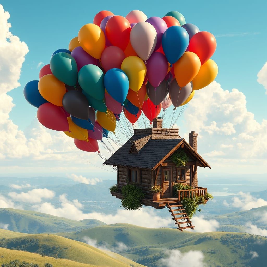 House Floating with Balloons in Matte Painting Style