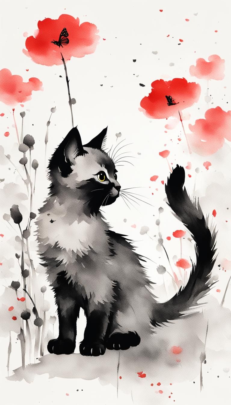 Minimalist Kitten and Butterfly in Ink Painting
