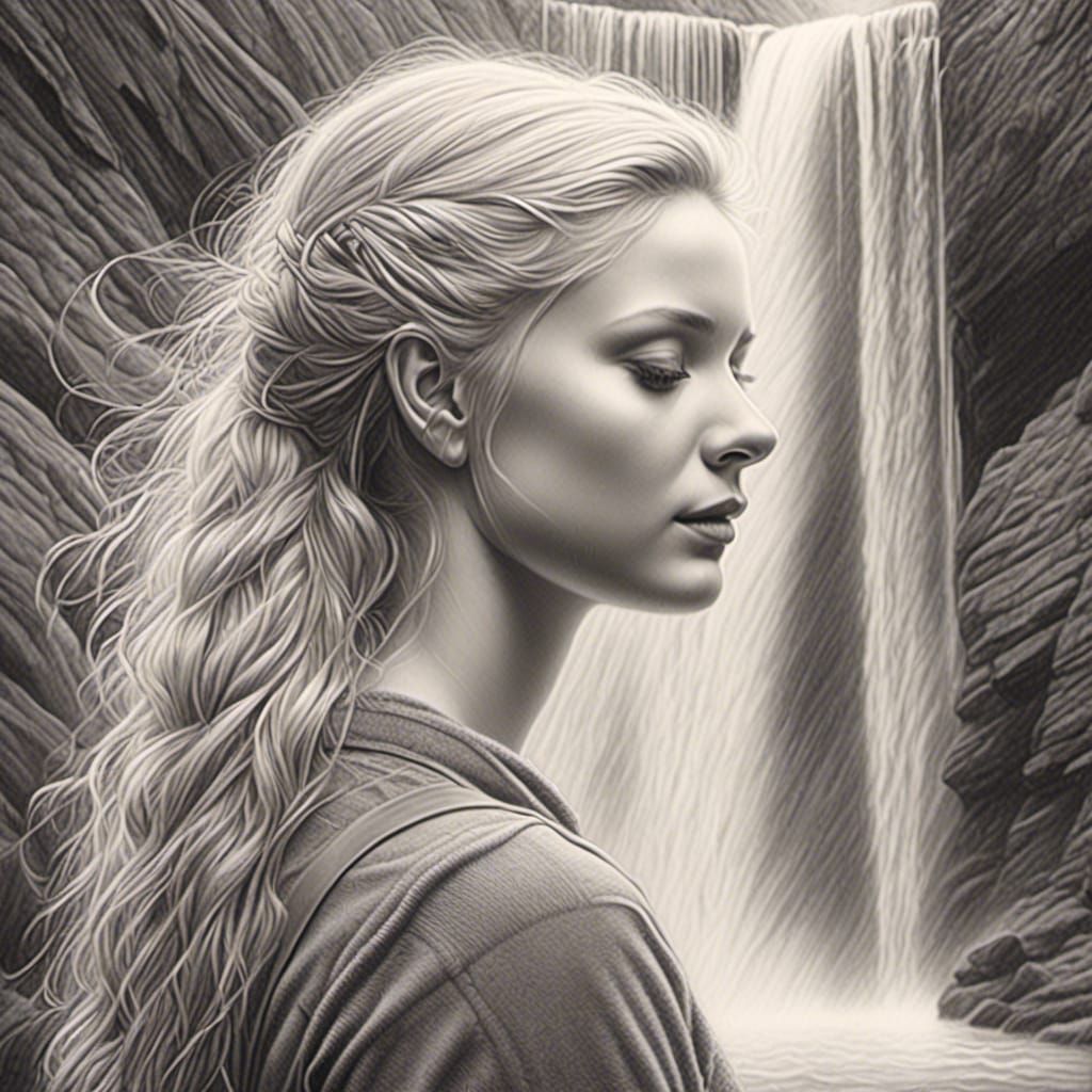 Pencil Drawing of a Woman by Waterfall