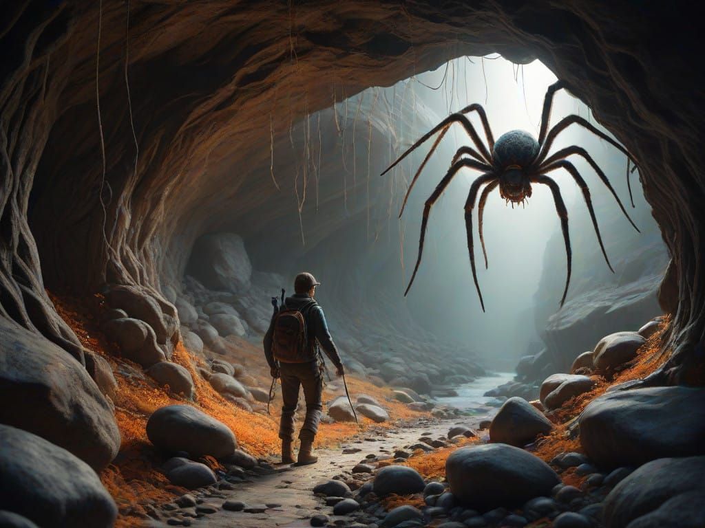 Treasure Hunter in Mystical Cave, Fleeing Giant Spider in Fe...