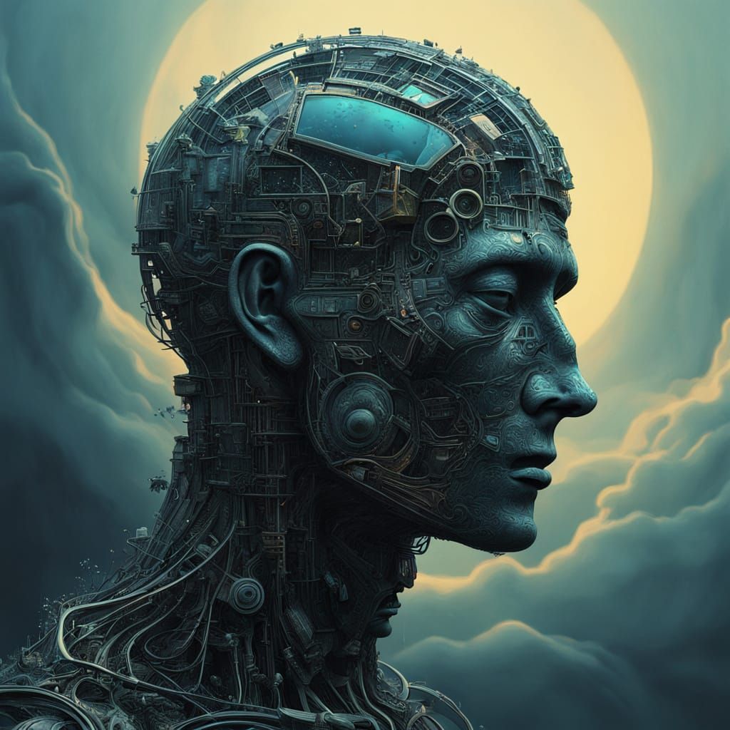 Obsidian Circuit Head in Radiant Light: Digital Sculpture