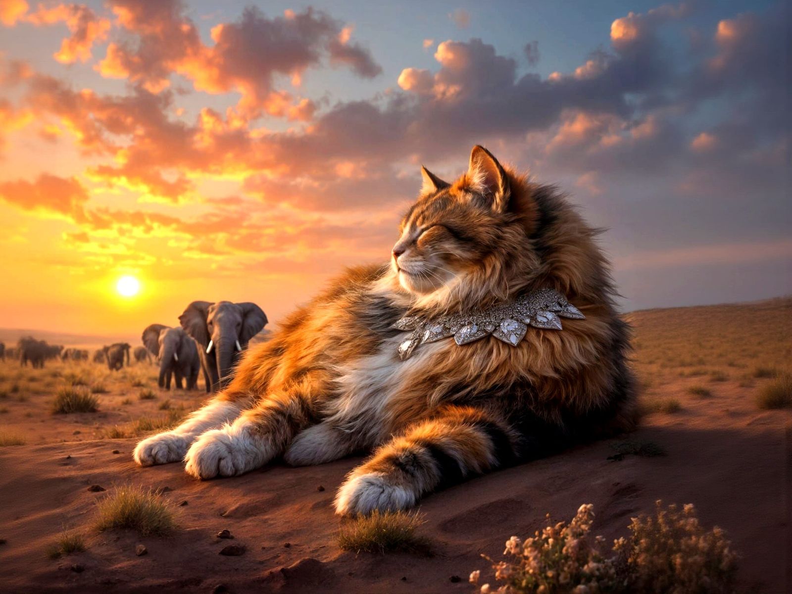 Colossal Calico Cat Sleeps with Tiny Elephants