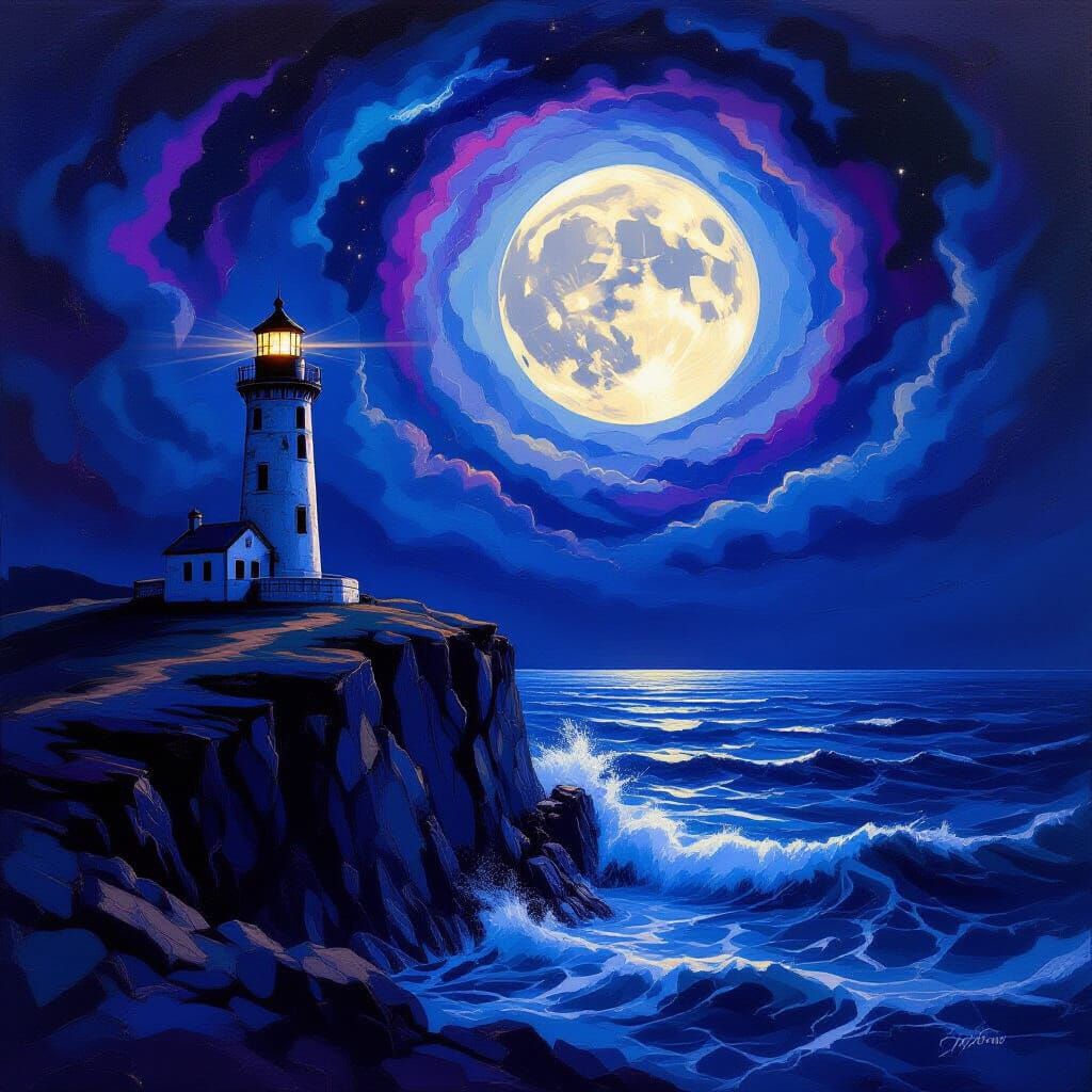 Lighthouse on Obsidian Cliff Under Nebulae Sky