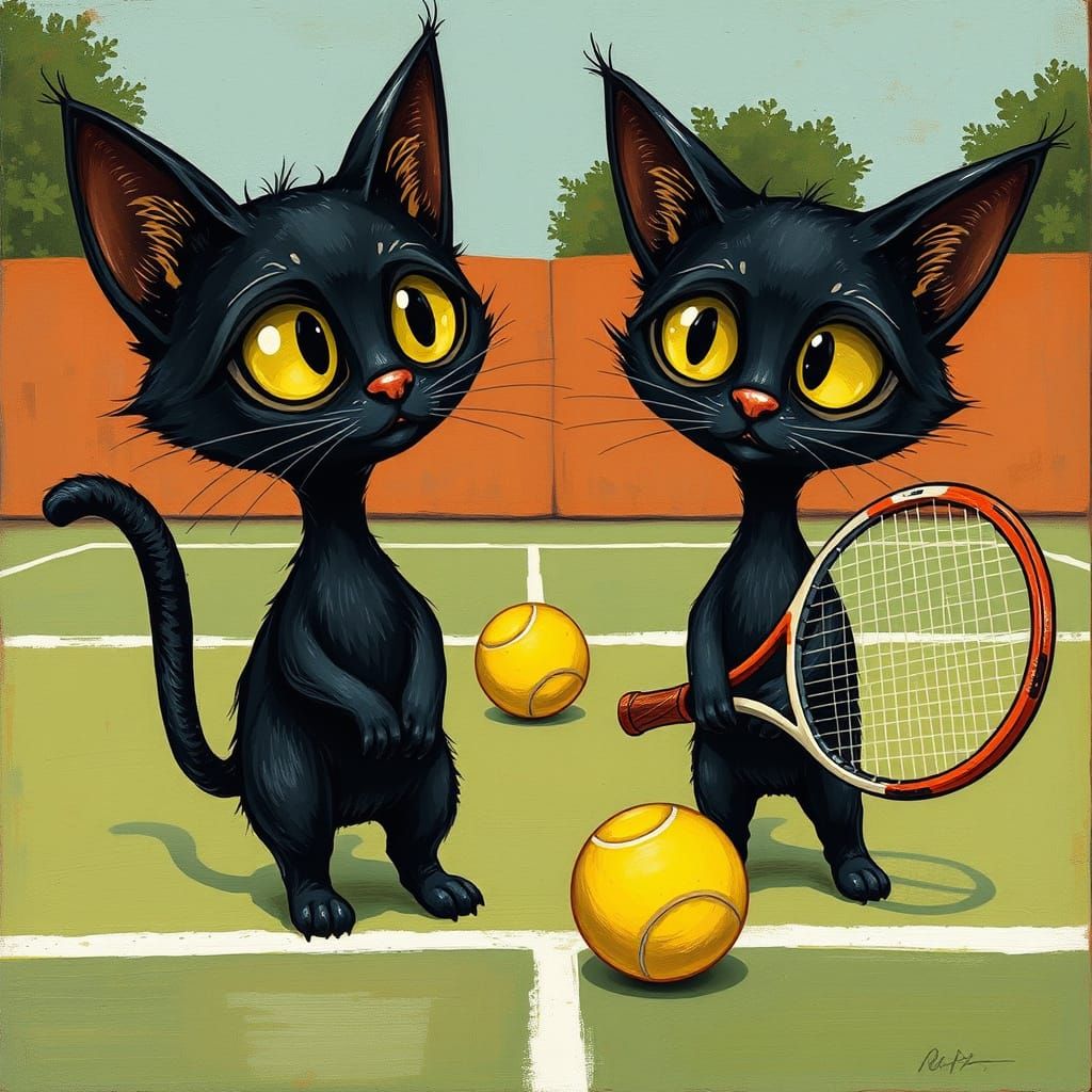 Chibi Cats Play Tennis in Art Brut Style