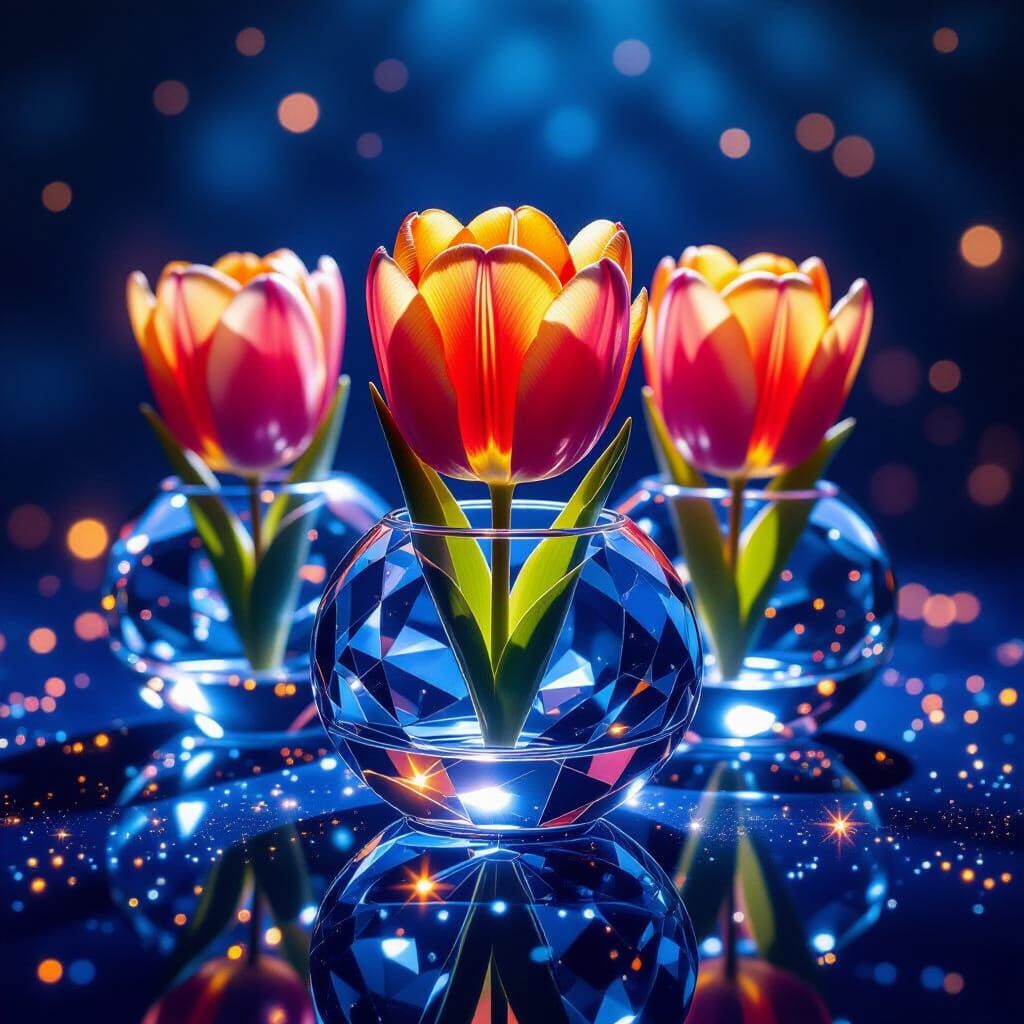 Vibrant Tulips in Crystal Objects Macro Photograph