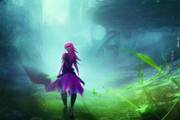 Elf Woman Wanderer in Overgrown Anime City