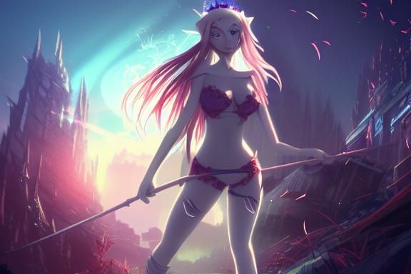 Elf Woman Wandering Through Overgrown Anime City