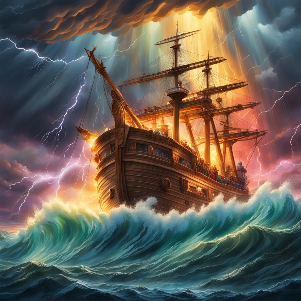 Noah's Ark in a Hyperrealistic Thunderstorm