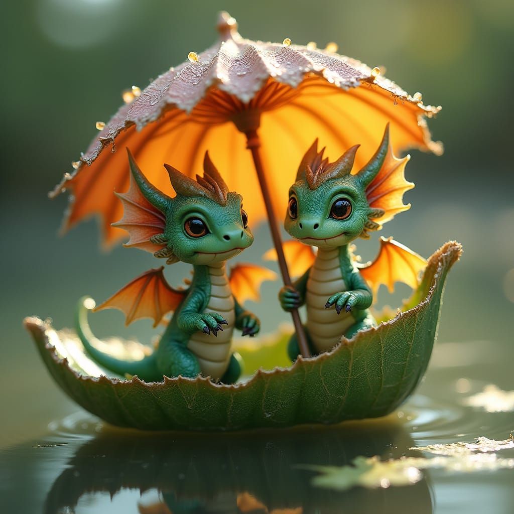 Whimsical Dragons Sailing on a Leafy Boat in a Serene Lake