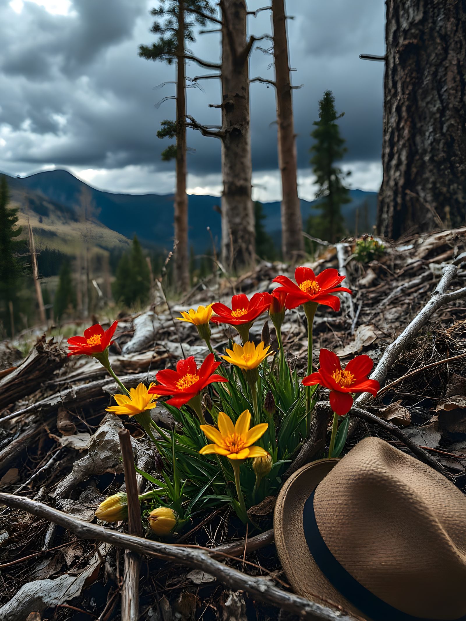 Resilient Wildflowers Emerge in Moody Mountain Landscape