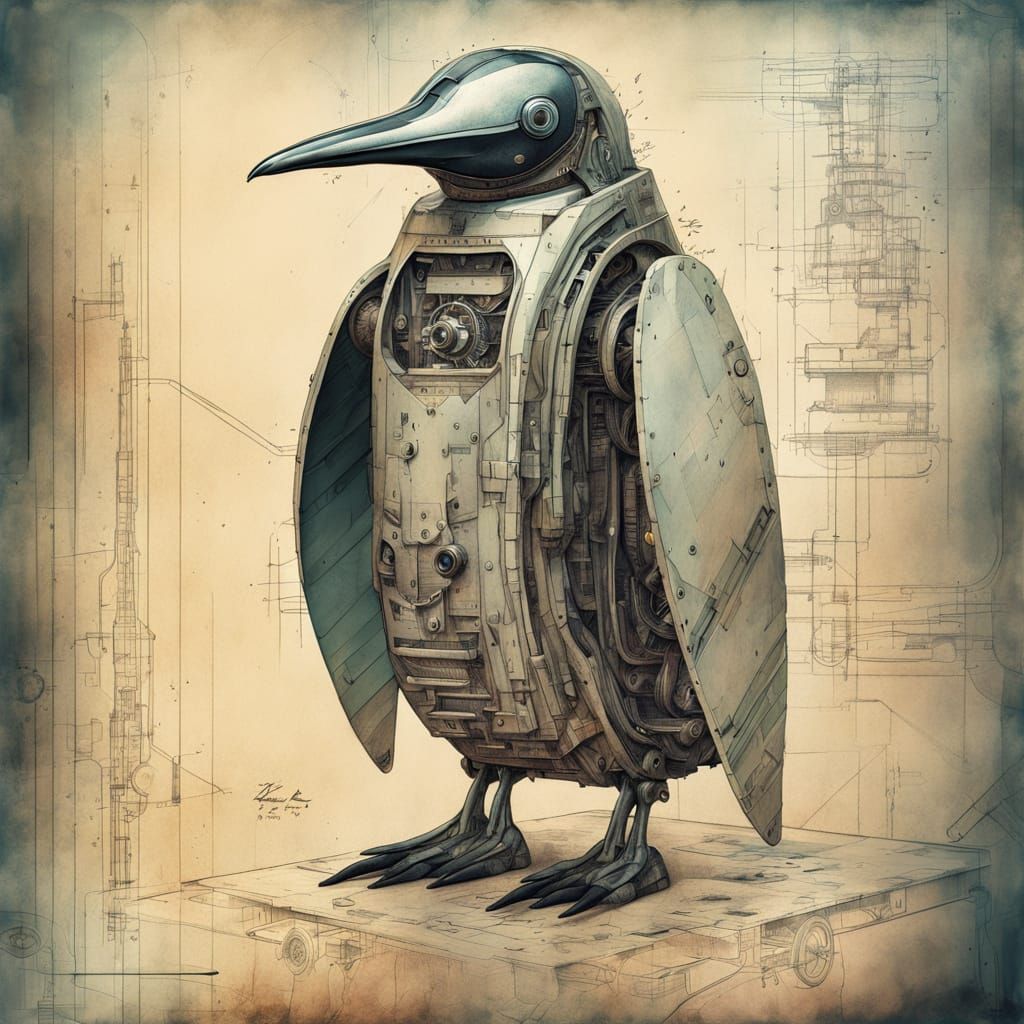 Whimsical Patent Drawing of a Mechanical Penguin
