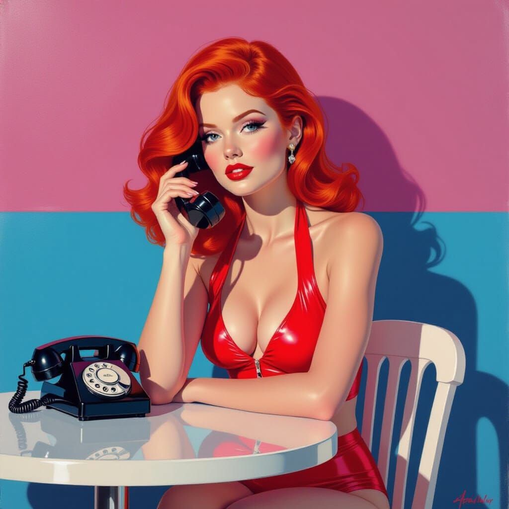 Red-Haired Woman With Pink Halter Top And Phone