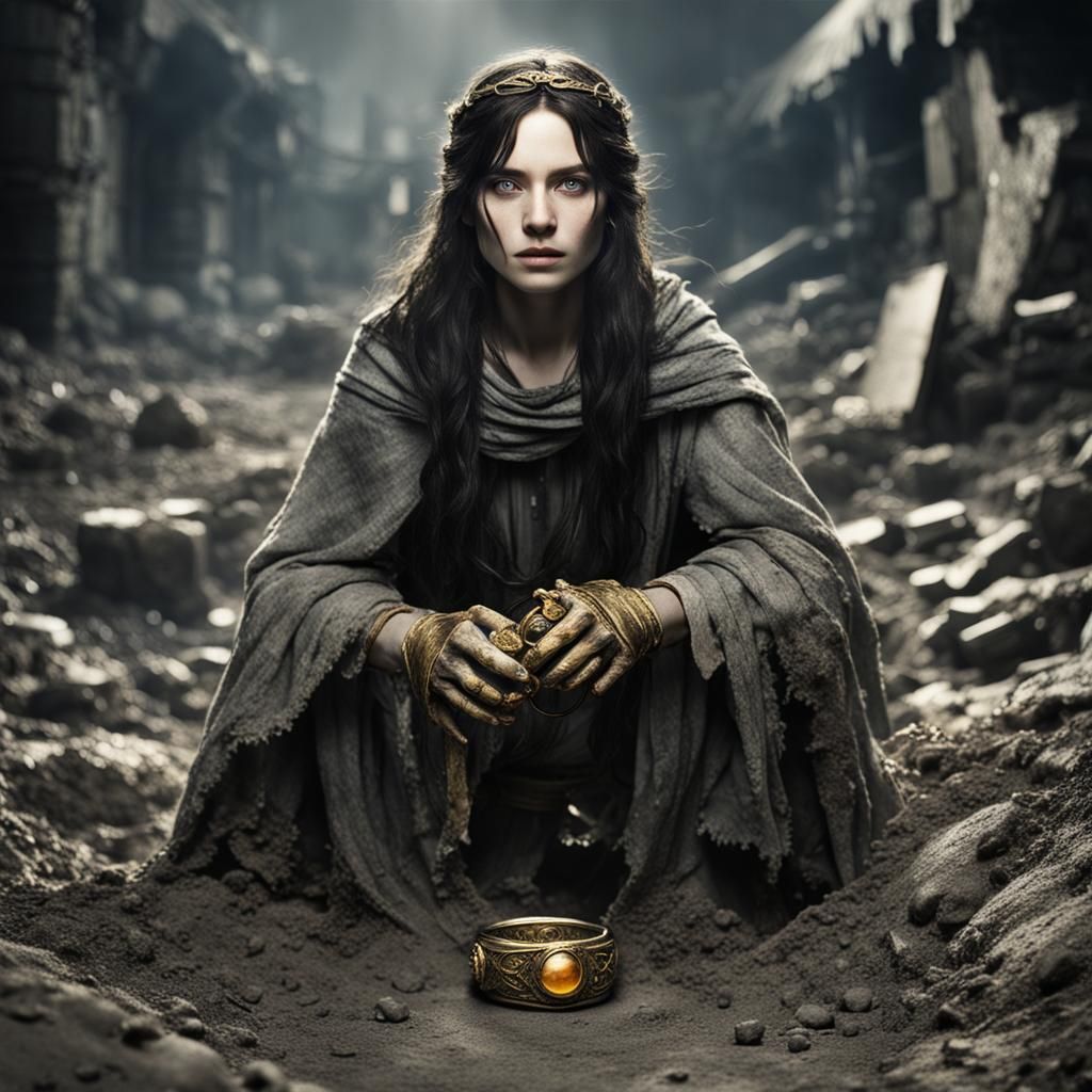 Woman with Ring in Wasteland, Dragon Behind