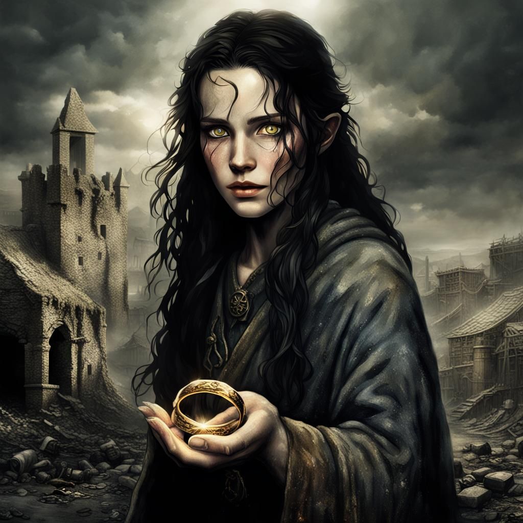 Woman with Ring in Barren Lord of the Rings Landscape