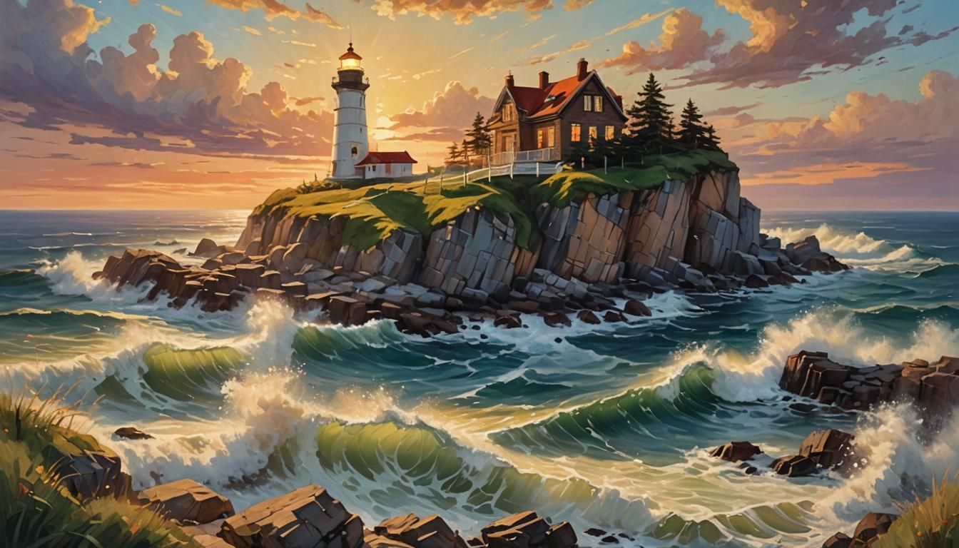 Coastal Lighthouse at Sunset: Oil Painting Realism