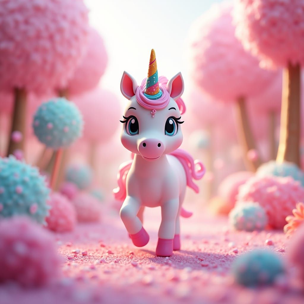 A whimsical chibi unicorn prances through a candy forest, its horn adorned with rainbow sprinkles and its mane flowing w...