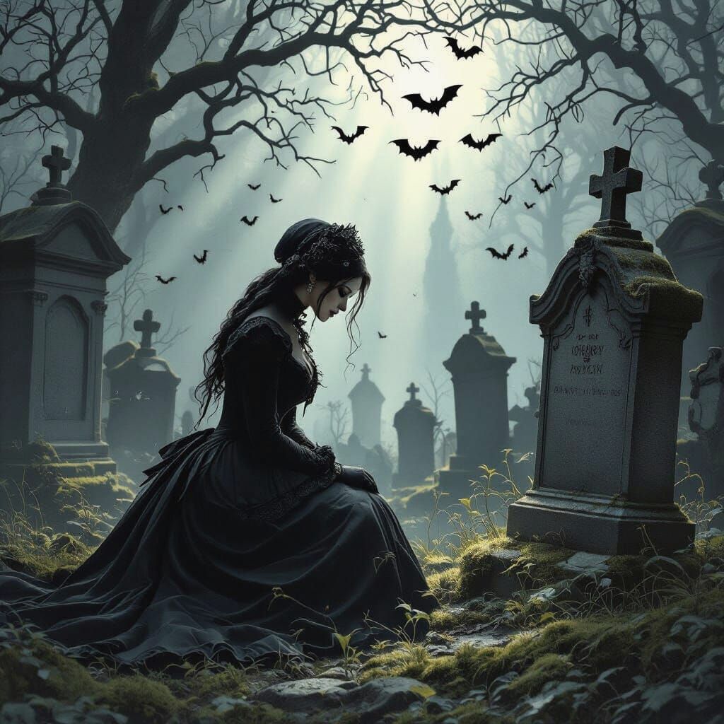 Graveyard Scene with Mourning Woman and Bats