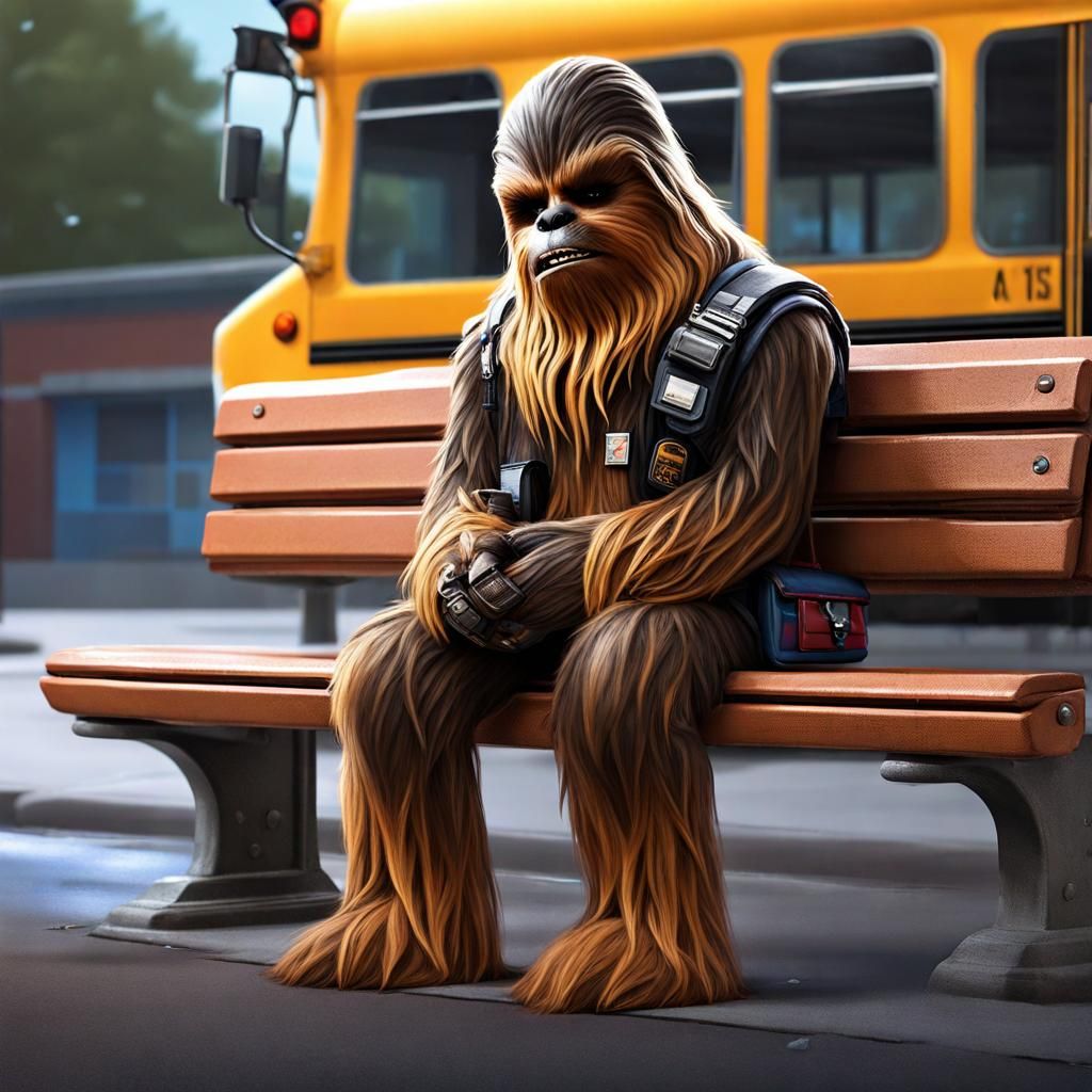 Hyperrealistic Wookiee Waits for School Bus