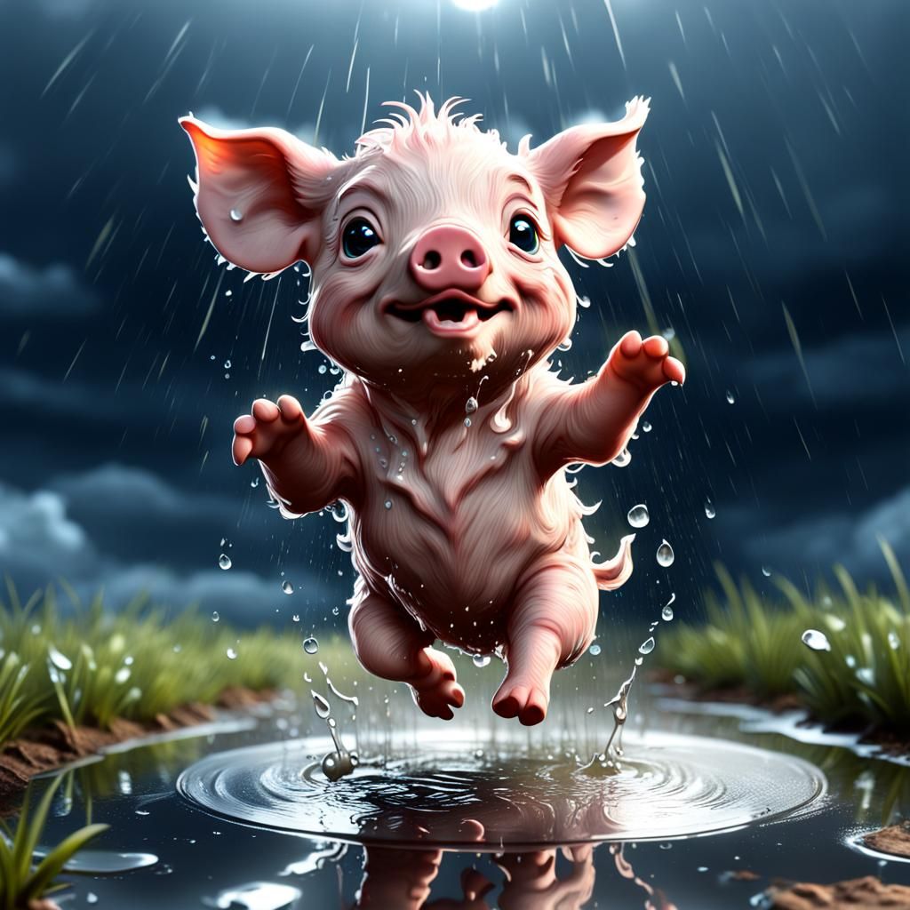 Happy Miniature Piglet Jumps in Rainy Puddle