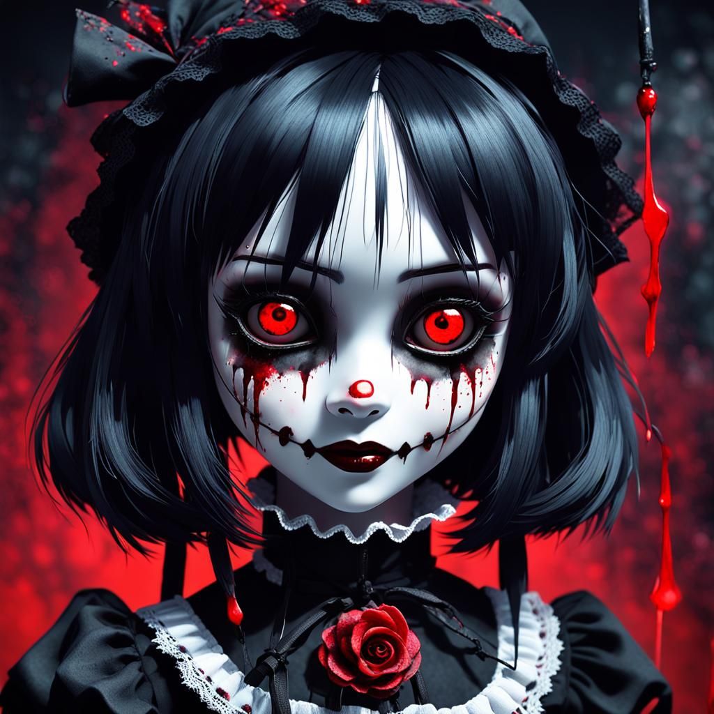 Gothic Anime Doll with Knife, Horror Art
