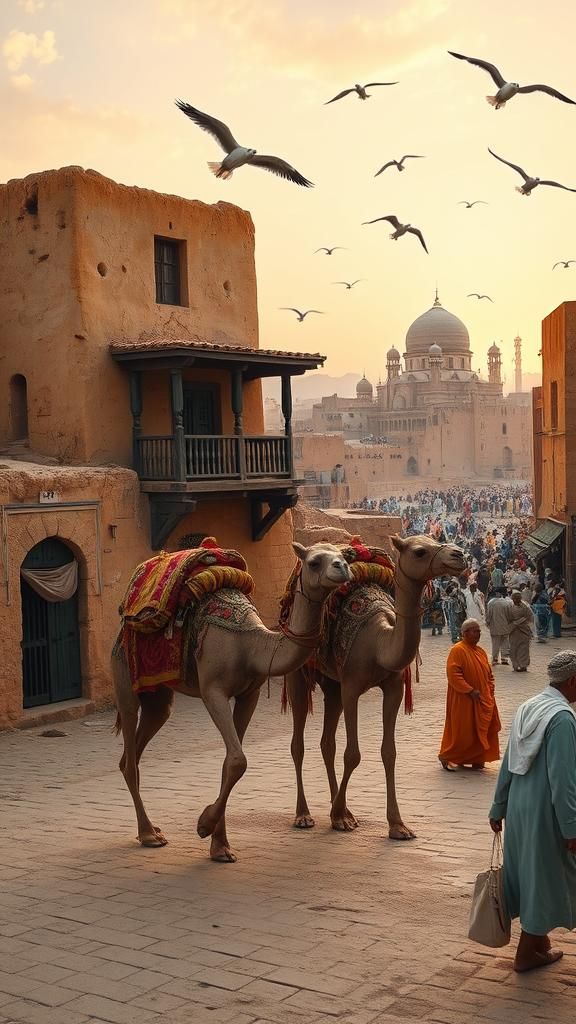 Majestic Arabian House with Camels and Traders