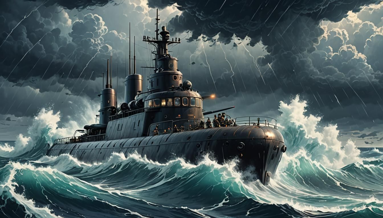 Submarine Sailing a Raging Ocean: Anime-Inspired Art