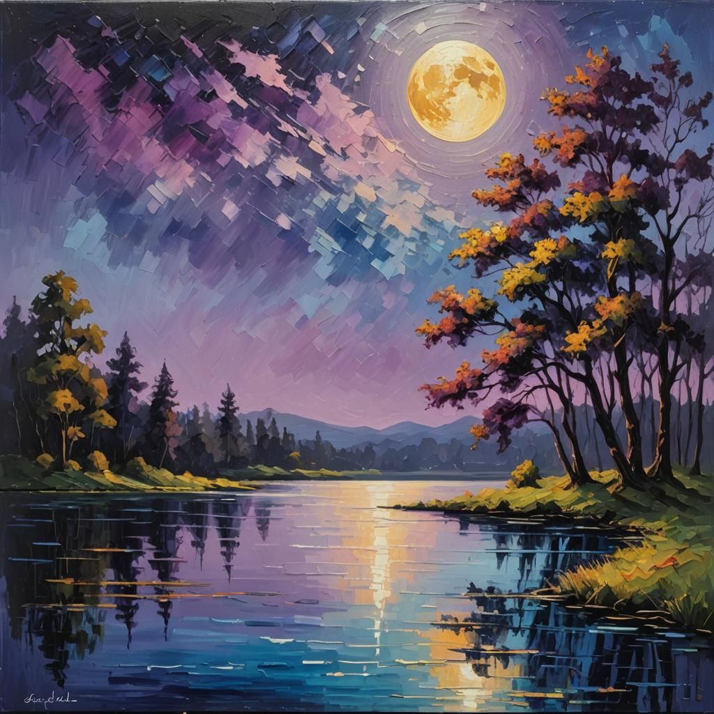 Moonlit Lake in Expressionist Oil Painting Style