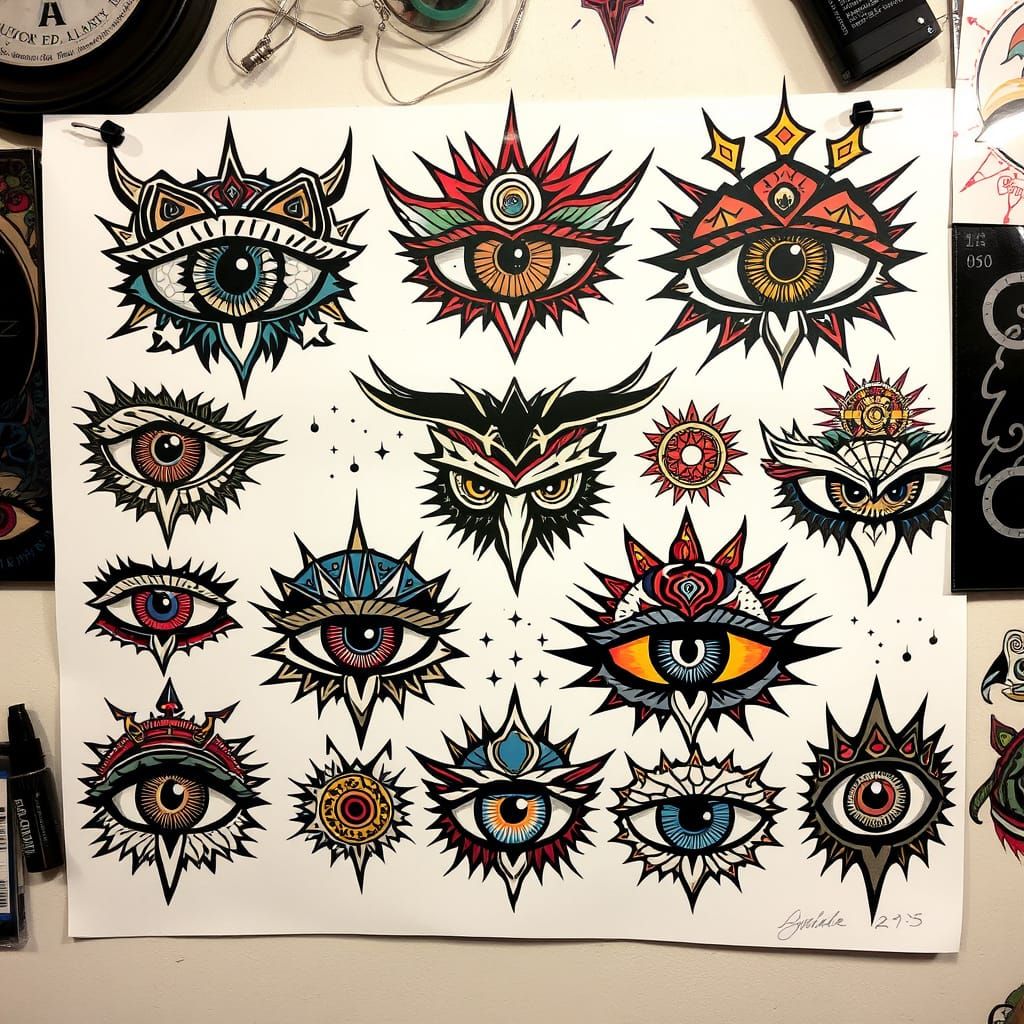 Mystical Eye Flash Tattoo Sheet in Traditional Style