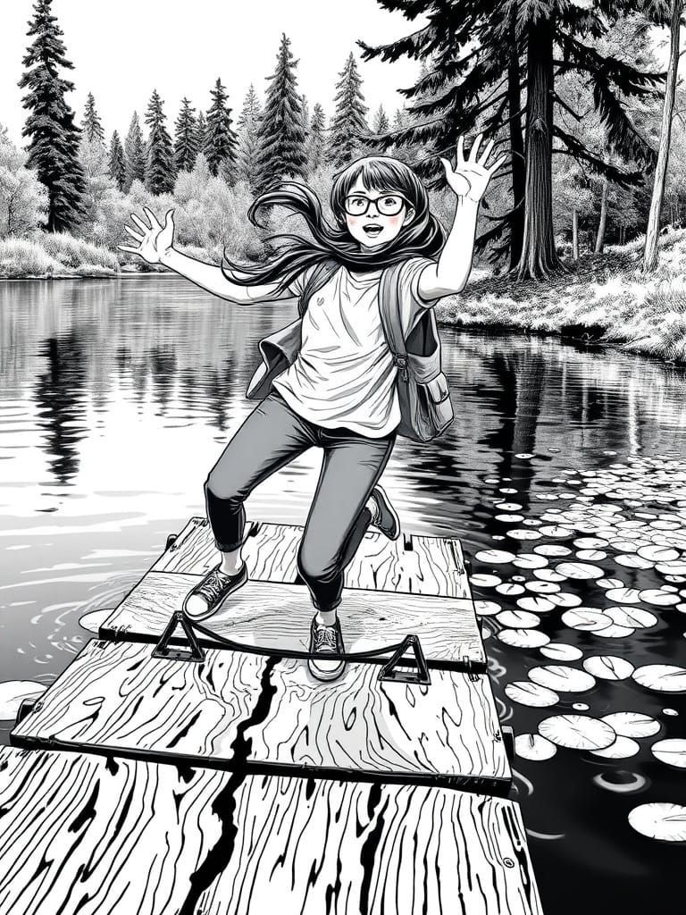 Nerdy teenage girl falling off the dock into the water. Blac...