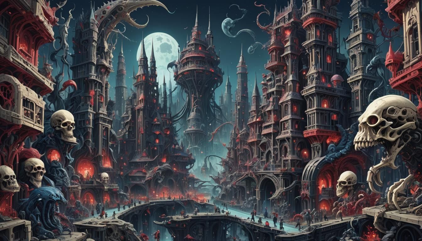 Bioluminescent Biomechanical Cityscape with Bone Architectur...