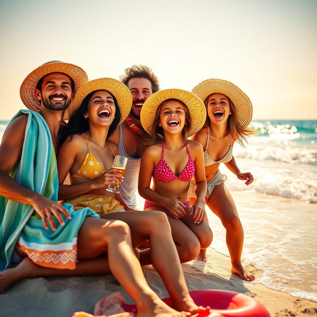Vibrant Family Beach Scene in Hyperrealistic Style