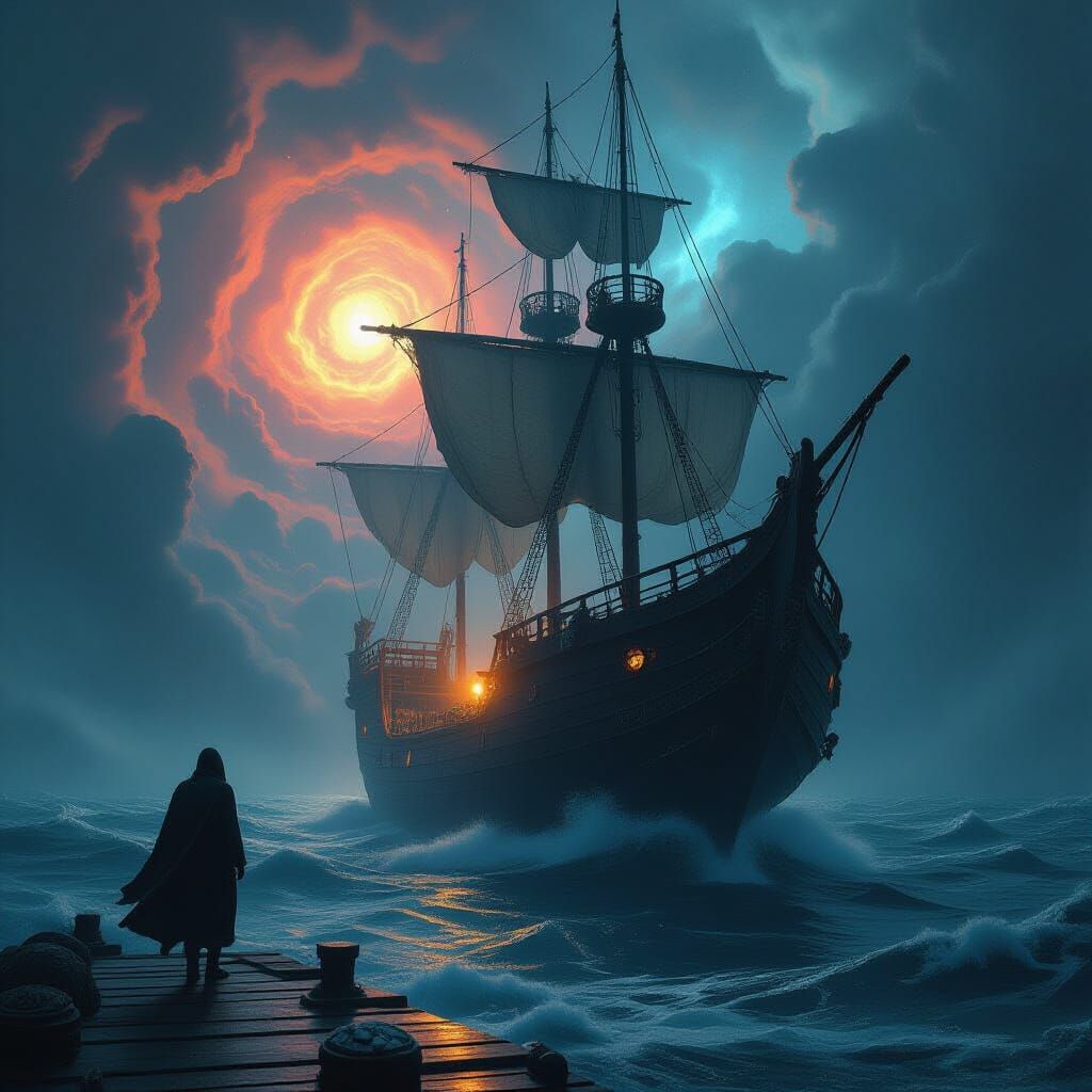 Spectral Ship Navigates Cosmic Ocean in Dark Fantasy Style